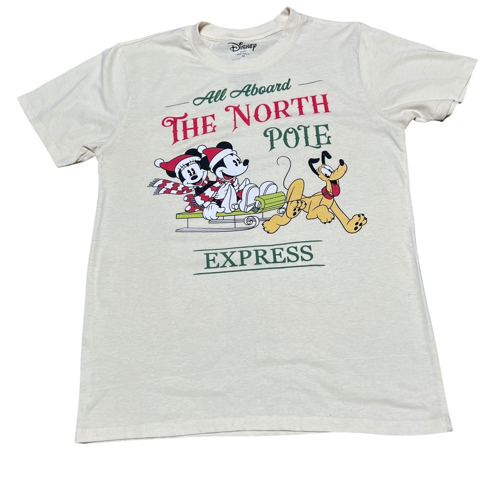 Disney‎ Mickey Minnie Pluto North Pole Express Cream Graphic T-Shirt Size M - Picture 2 of 8
